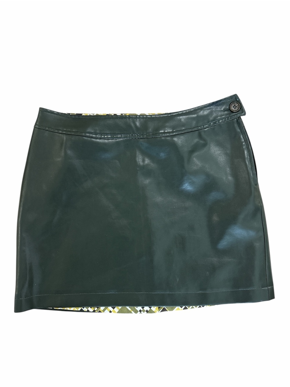 BCBGMaxAzria Dark Green Faux Leather Mini Skirt with Button Waist